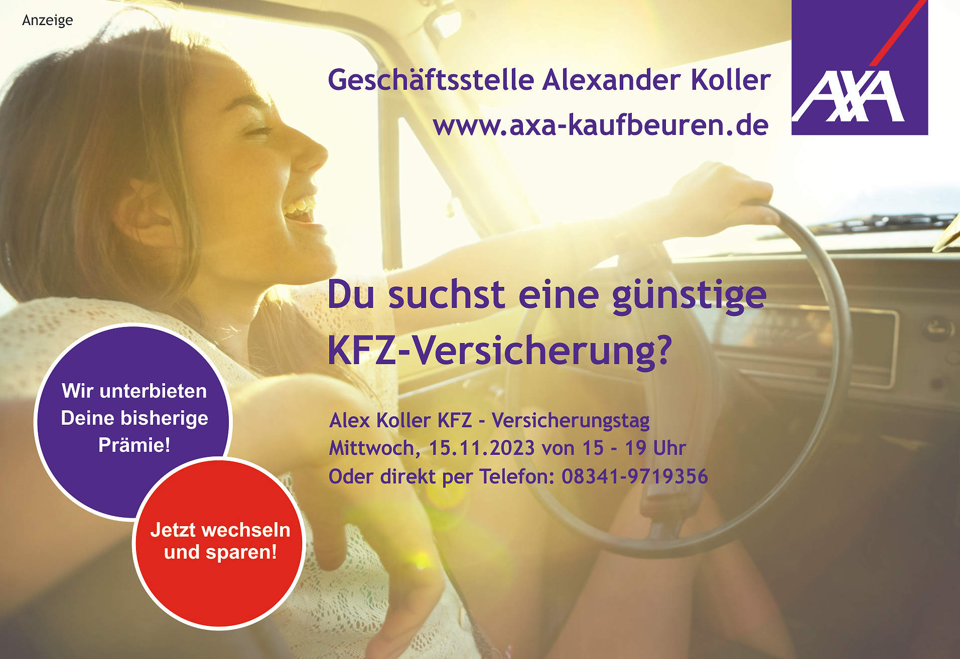 Anzeige: AXA Geschäftsstelle Alexander Koller in Kaufbeuren – Wir unterbieten Deine jetzige KFZ-Prämie!