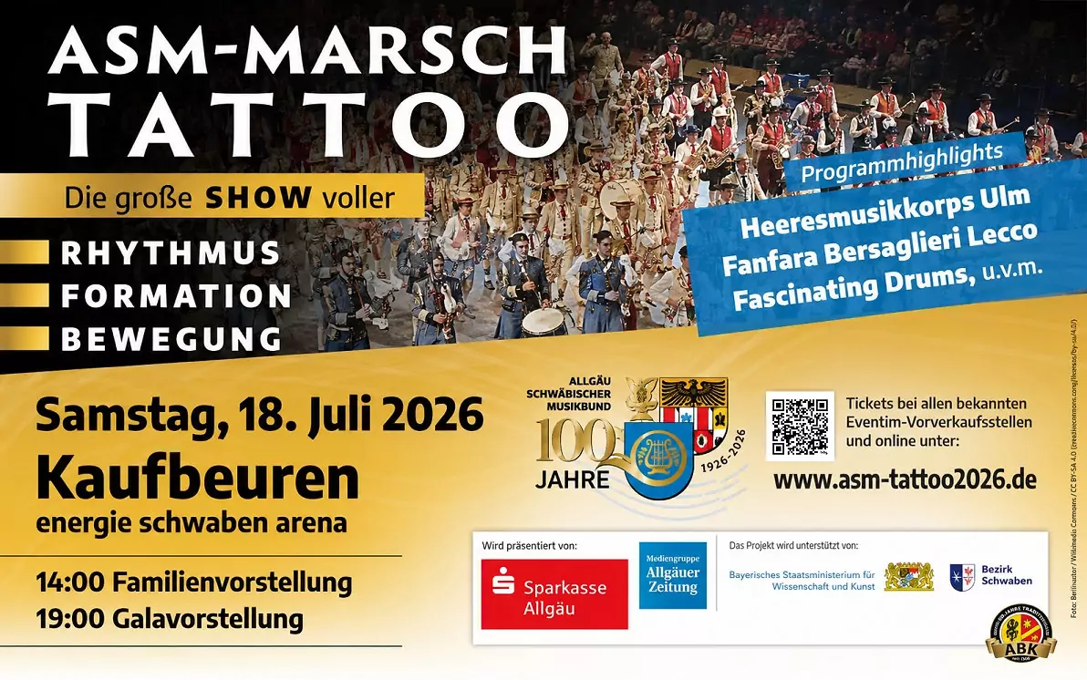 ASM-Marsch-Tattoo am 18. Juli 2026 in Kaufbeuren: Blasmusik, Militärmusik, Show und Tradition in der energie schwaben arena