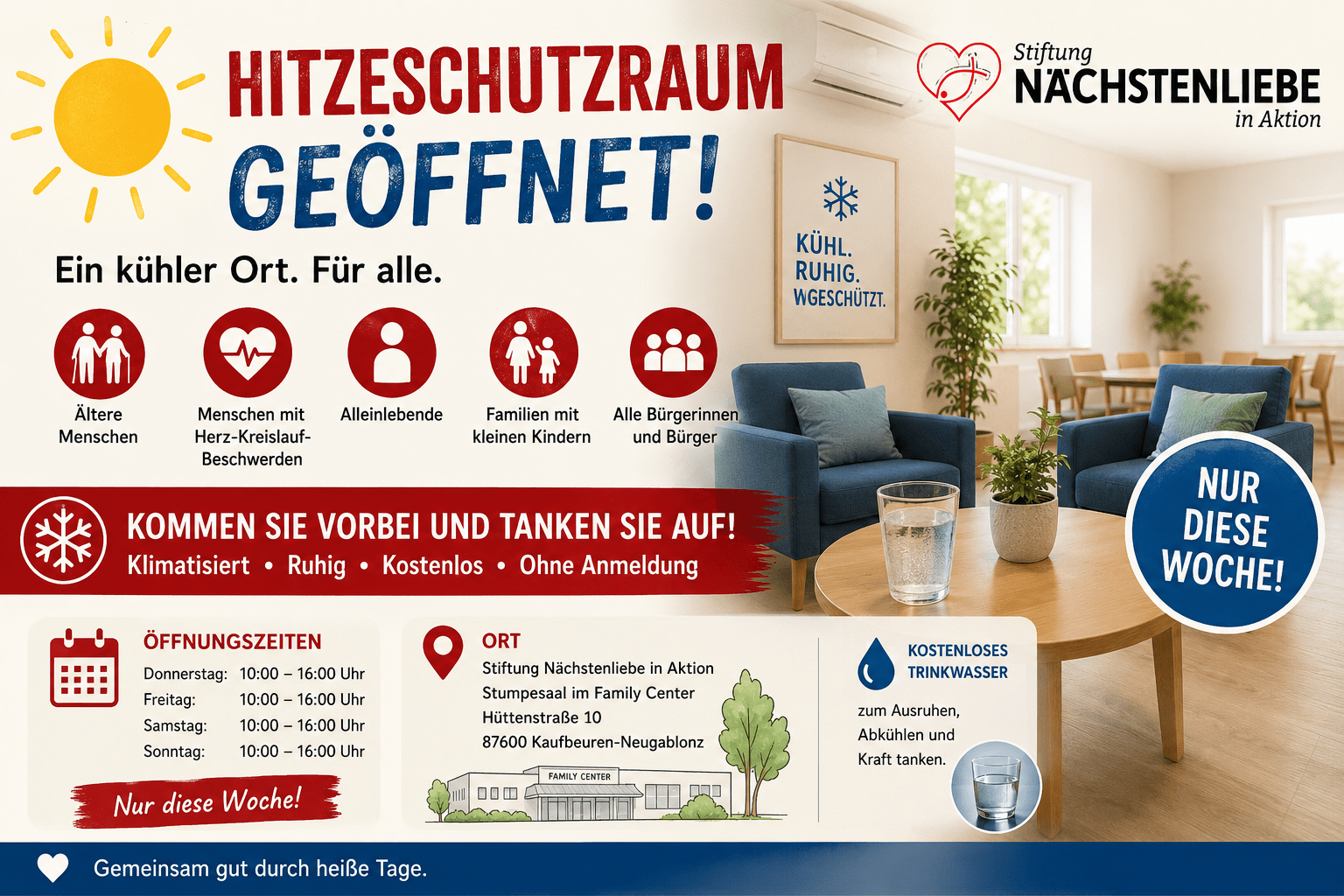 Hitzeschutzraum der Stiftung Nächstenliebe in Aktion ist geöffnet