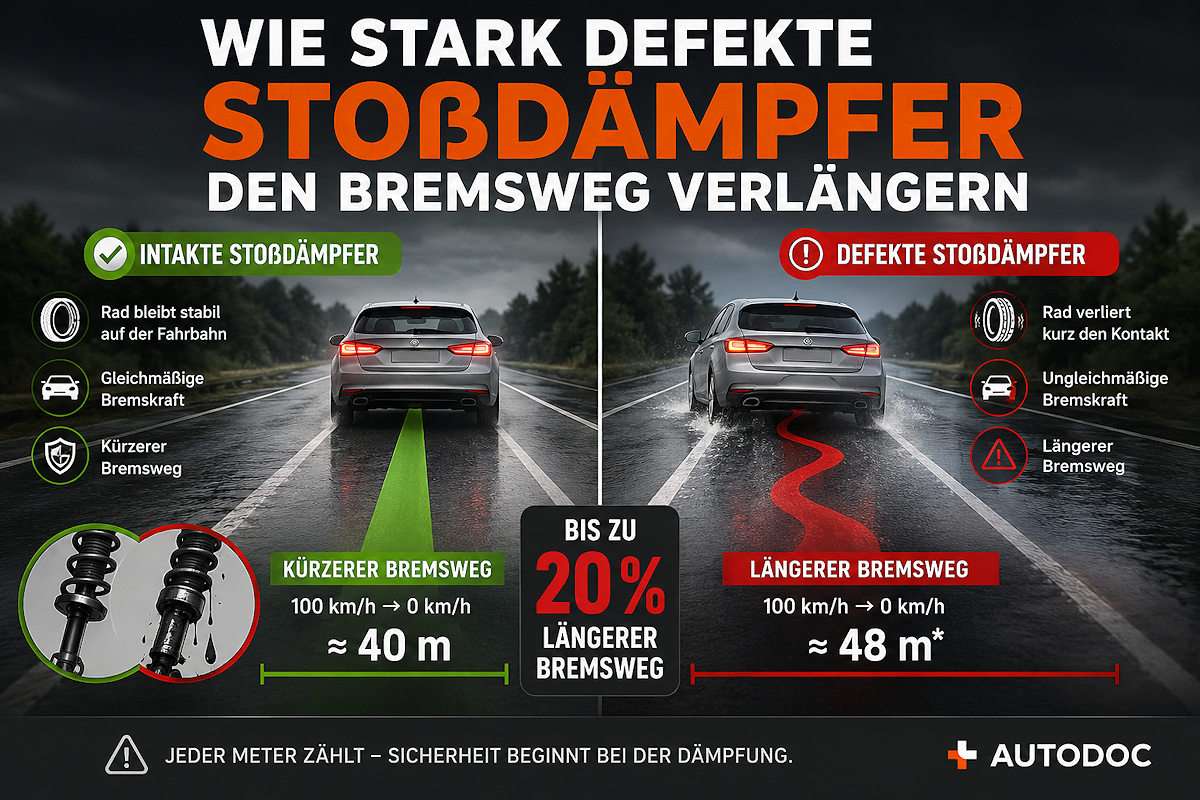 Wie stark defekte Stoßdämpfer den Bremsweg verlängern